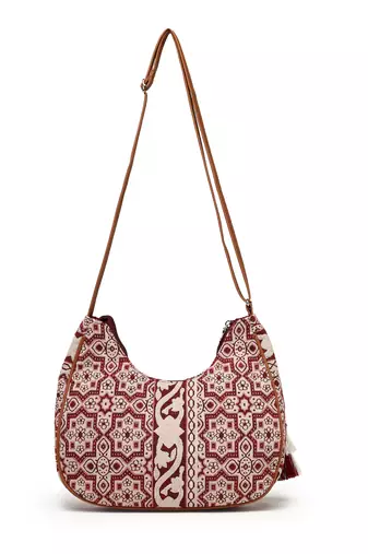 tribal wine, ivory & tan tribal cotton jacquard sling bag