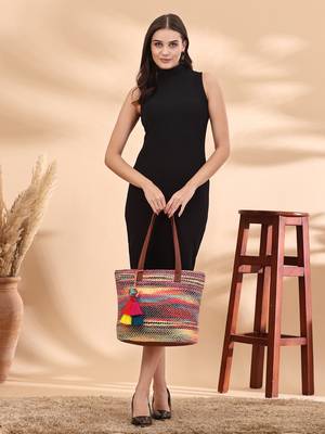 boho tan & multi woven striped cotton acrylic tote bag 3
