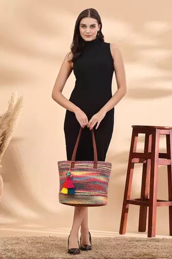 boho tan & multi woven striped cotton acrylic tote bag