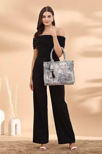 jungle natural & navy toile cotton jacquard handheld bag