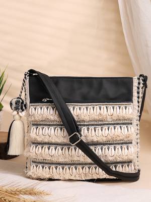 boho beige & black seashell embellished cotton jacquard & pu sling bag 1