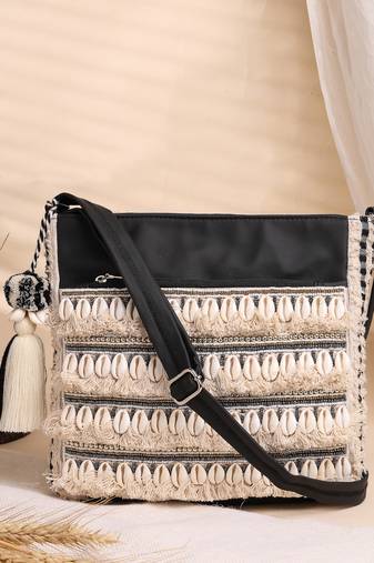 boho beige & black seashell embellished cotton jacquard & pu sling bag