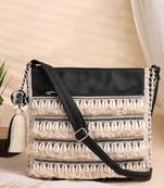 boho beige & black seashell embellished cotton jacquard & pu sling bag