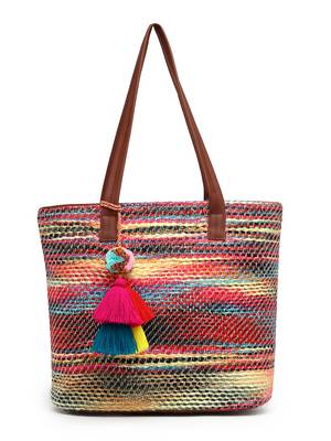 boho tan & multi woven striped cotton acrylic tote bag 4
