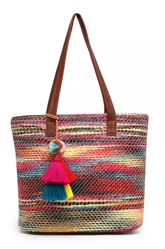 boho tan & multi woven striped cotton acrylic tote bag