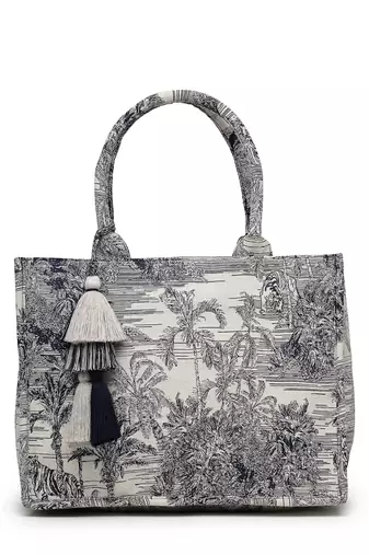 jungle natural & navy toile cotton jacquard handheld bag