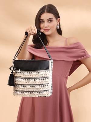 boho beige & black seashell embellished cotton jacquard & pu sling bag 3