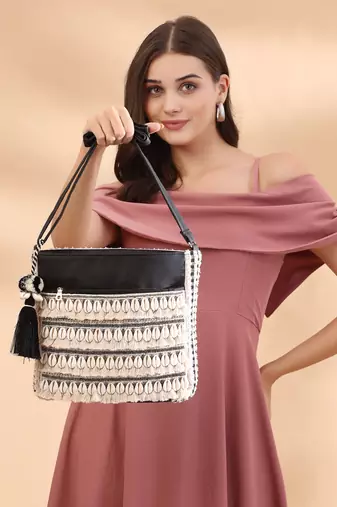 boho beige & black seashell embellished cotton jacquard & pu sling bag