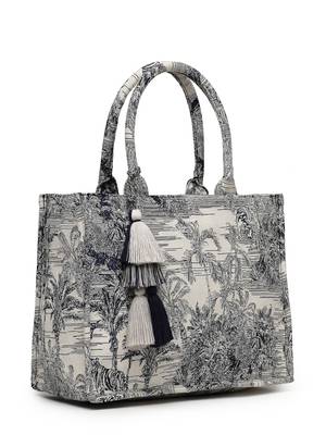 jungle natural & navy toile cotton jacquard handheld bag 5