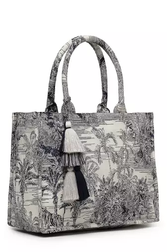 jungle natural & navy toile cotton jacquard handheld bag