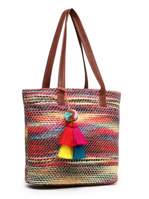 boho tan & multi woven striped cotton acrylic tote bag 5