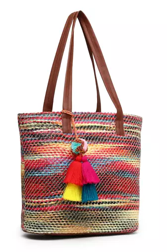 boho tan & multi woven striped cotton acrylic tote bag
