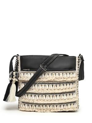 boho beige & black seashell embellished cotton jacquard & pu sling bag 4