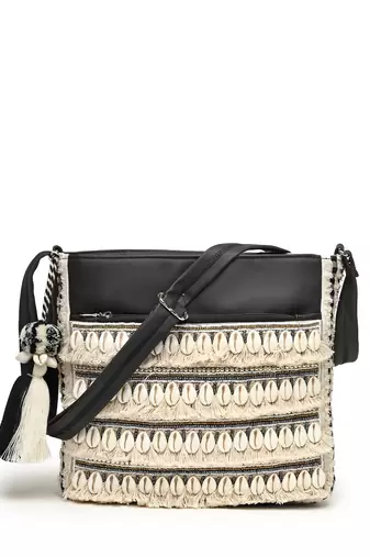 boho beige & black seashell embellished cotton jacquard & pu sling bag