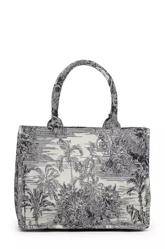 jungle natural & navy toile cotton jacquard handheld bag
