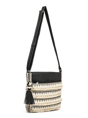 boho beige & black seashell embellished cotton jacquard & pu sling bag 5