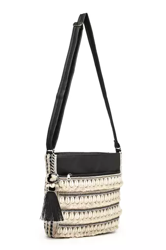 boho beige & black seashell embellished cotton jacquard & pu sling bag