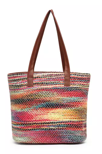 boho tan & multi woven striped cotton acrylic tote bag