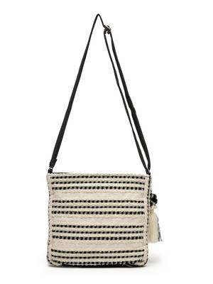 boho beige & black seashell embellished cotton jacquard & pu sling bag 6