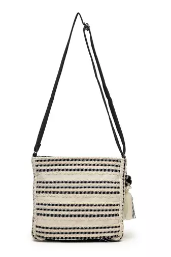boho beige & black seashell embellished cotton jacquard & pu sling bag