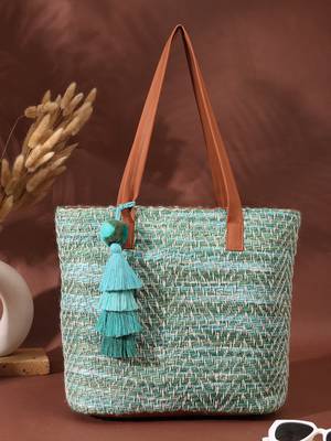 boho pista green & off white chevron self design cotton acrylic tote bag 1