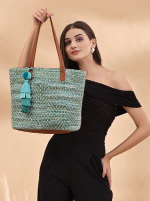 boho pista green & off white chevron self design cotton acrylic tote bag 3