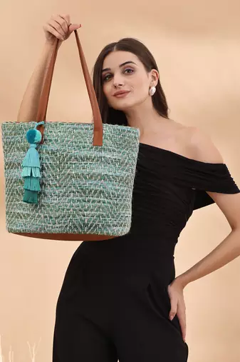 boho pista green & off white chevron self design cotton acrylic tote bag