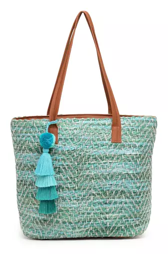 boho pista green & off white chevron self design cotton acrylic tote bag