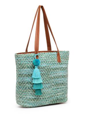 boho pista green & off white chevron self design cotton acrylic tote bag 5