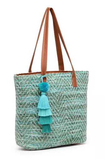 boho pista green & off white chevron self design cotton acrylic tote bag