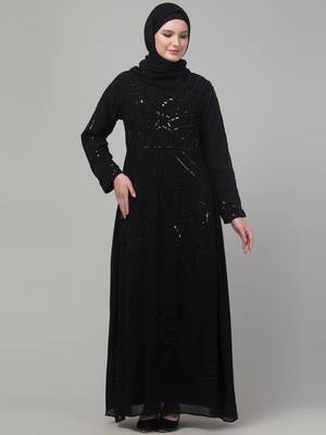 Black Georgette Sequin Embroidered Abaya with Hijab 1