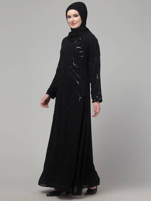Black Georgette Sequin Embroidered Abaya with Hijab 3