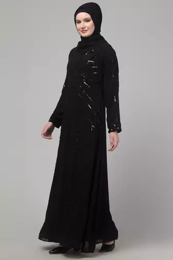 Black Georgette Sequin Embroidered Abaya with Hijab