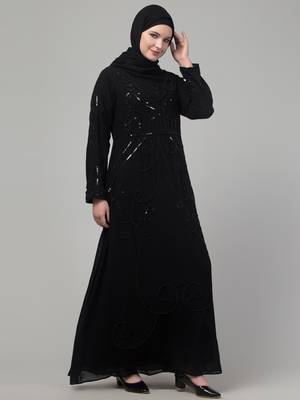 Black Georgette Sequin Embroidered Abaya with Hijab 4