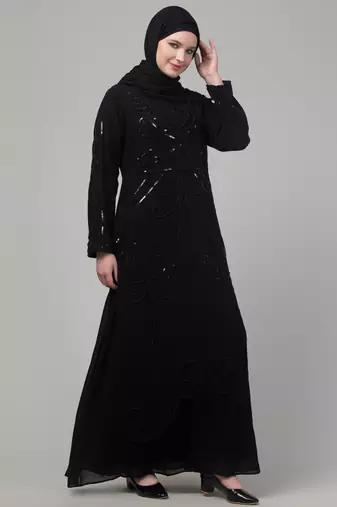 Black Georgette Sequin Embroidered Abaya with Hijab