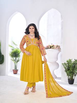 blooming georgette zari embroidery with digital print work yellow kurta set 1