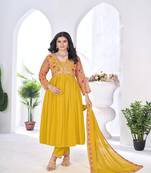 blooming georgette zari embroidery with digital print work yellow kurta set