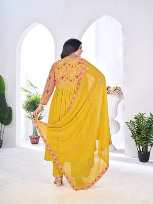 blooming georgette zari embroidery with digital print work yellow kurta set 2