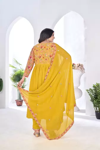 blooming georgette zari embroidery with digital print work yellow kurta set