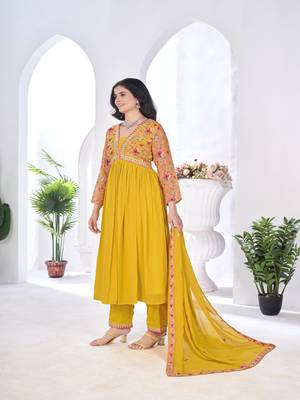 blooming georgette zari embroidery with digital print work yellow kurta set 3
