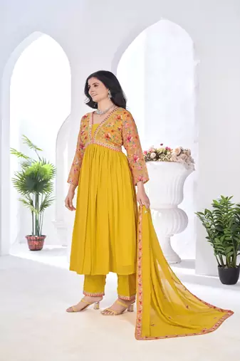 blooming georgette zari embroidery with digital print work yellow kurta set