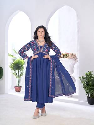 blooming georgette zari embroidery with digital print work blue kurta set 1