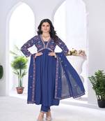 blooming georgette zari embroidery with digital print work blue kurta set