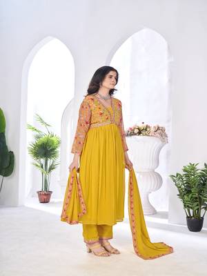 blooming georgette zari embroidery with digital print work yellow kurta set 4
