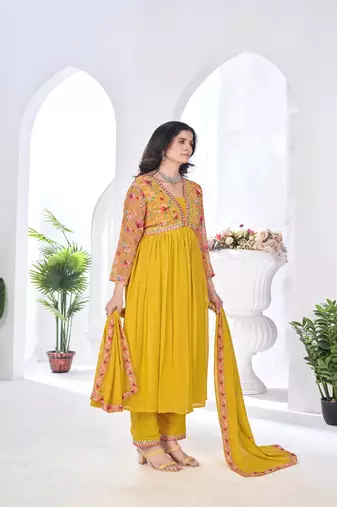 blooming georgette zari embroidery with digital print work yellow kurta set
