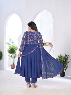 blooming georgette zari embroidery with digital print work blue kurta set 2