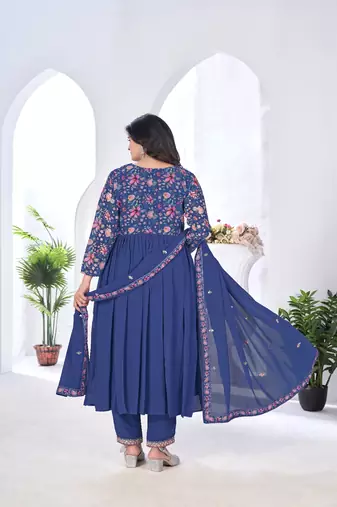 blooming georgette zari embroidery with digital print work blue kurta set