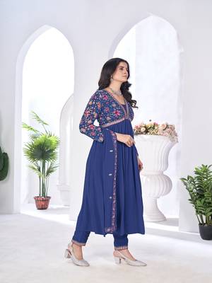 blooming georgette zari embroidery with digital print work blue kurta set 3