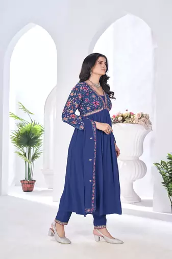 blooming georgette zari embroidery with digital print work blue kurta set