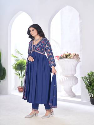 blooming georgette zari embroidery with digital print work blue kurta set 4